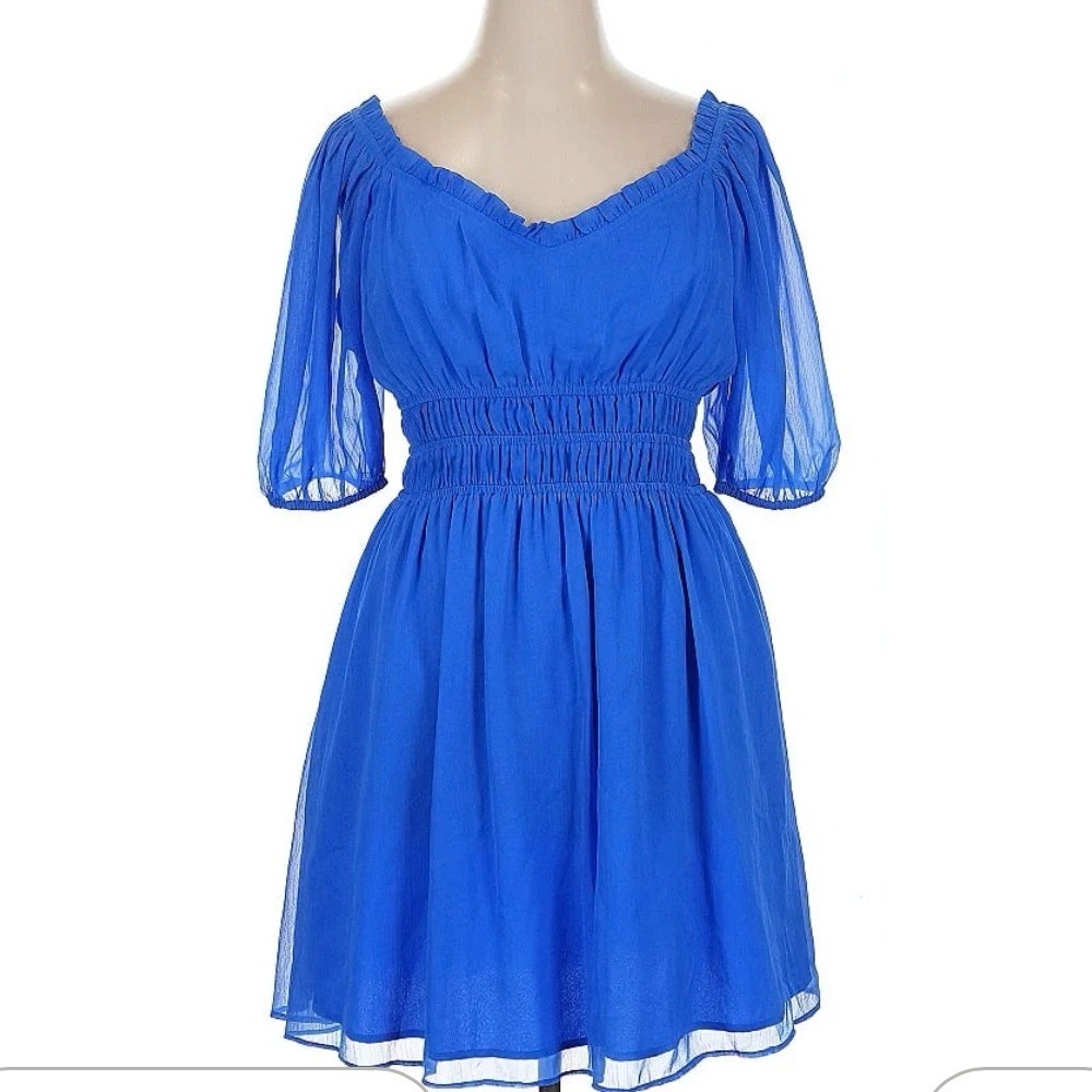 Vince Camuto Royal Blue Mini Dress 14W Fit & Flare Chiffon Puff Sleeve